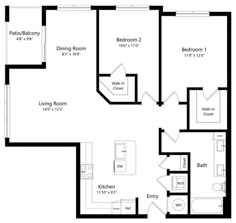 Two Bedroom Floor Plan with 1,137 Sq. Ft. at Parc at White Rock Luxury Apartments in Dallas TX